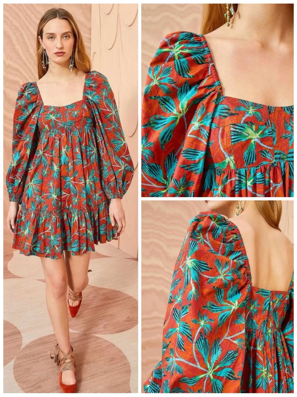 ULLA JOHNSON Women’s Size 8 Tropical Print Alita Puff-Sleeve Poplin Mini Dress